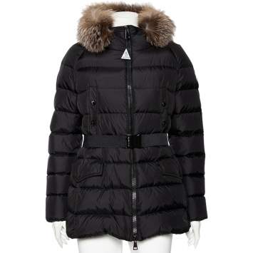 Pre Owned Moncler Black Synthetic Fur Lined Hood Detail Belted Down Jacket L