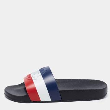 Pre Owned Moncler Black Leather Web Flat Slides Size 38