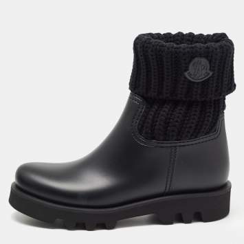 Pre Owned Moncler Black Knit Fabric and Rubber Ginette Rain Boots Size 38