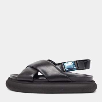 Pre Owned Moncler Black Leather Solarisse Cross Strap Sandals Size 38