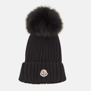 Pre Owned Moncler Black Wool Knit Pom Pom Beanie Hat One Size