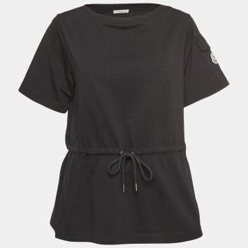 Pre Owned Moncler Black Cotton Knit Waist Tie Up Top S