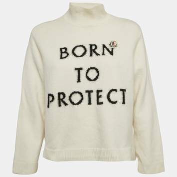 Pre Owned Moncler Off White Born To Protect Intarsia Wool Knit Turtleneck Sweater M