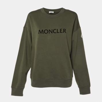 Pre Owned Moncler Green Logo Print Cotton Knit Sweatshirt L