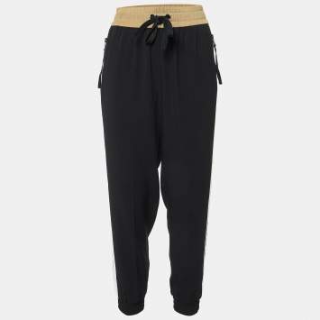Pre Owned Moncler Black Crepe Logo Tape Trimmed Trackpants L