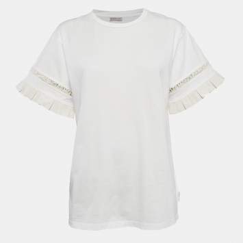 Pre Owned Moncler White Cotton Flared Sleeve Logo Lace Detail T-Shirt L