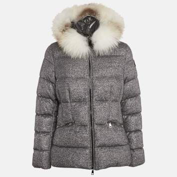 Pre Owned Moncler Silver Wool Blend Detachable Fur Cardamine Giubbotto Down Jacket M