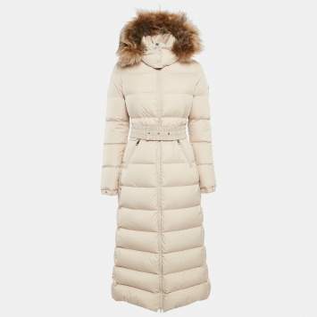 Pre Owned Moncler Beige Synthetic Detachable Fur Hooded Down Puffer Long Coat XS