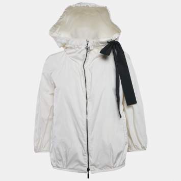 Pre Owned Moncler Off-White Synthetic Zip-Up Hooded Jacket S