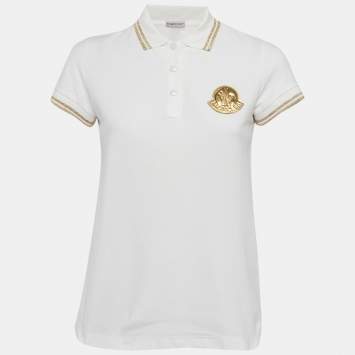 Moncler White Lurex Trim Cotton Pique Applique Detail Polo T-Shirt S