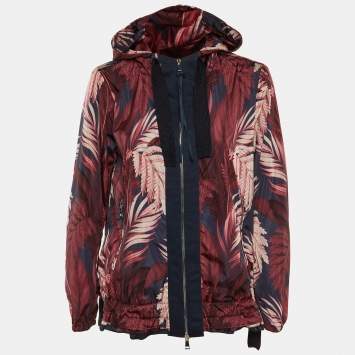 Pre Owned Moncler Burgundy Printed Polyamide Hooded Jacket L
