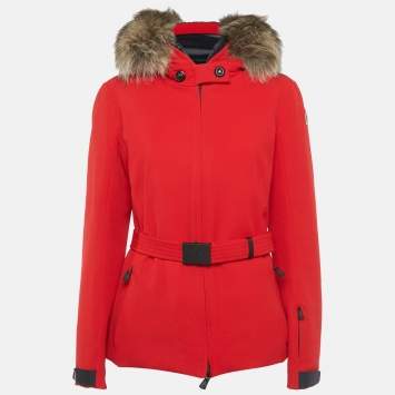 Pre Owned Moncler Red Synthetic Fur Trim Short Down Jacket XXL 