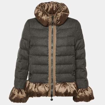 Pre Owned Moncler Grey Wool Satin Trim Down Jacket M