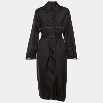 مملوكة مسبقًا جاكيت مونكلير طويل من النايلون بطبعة شعار أسود مقاس صغير (سمول)