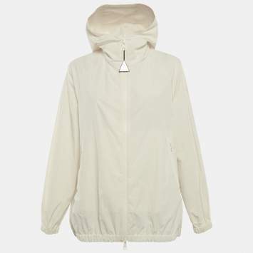 Pre Owned جاكيت مونكلير يوريديس بسحاب تركيب صناعي بشعار بارز أبيض مائل للرمادي مقاس صغير جداً (إكسترا سمول)