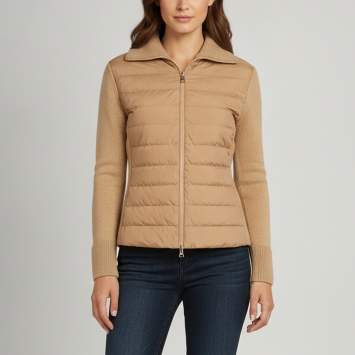 Pre Owned Moncler Light Brown Quilted Synthetic & Wool Zip-Up Cardigan M