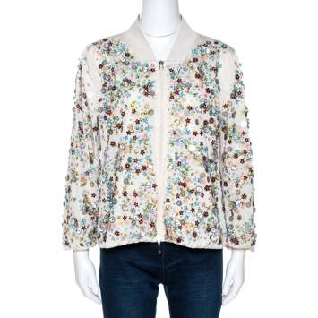 Pre Owned Moncler Cream Embellished Nylon Bomber Jacket M