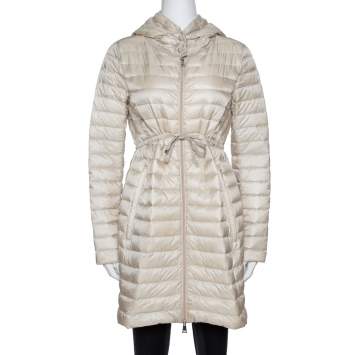 Pre Owned Moncler Beige Down Quilted Light Weight Hooded Barbel Coat S