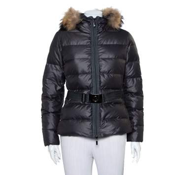 Pre Owned Moncler Grey Synthetic Fur Lined Belted Hooded Puffer Jacket M