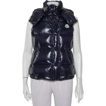 Pre Owned Moncler Navy Blue Synthetic Quilted Sleeveless Hooded Galene Gilet S