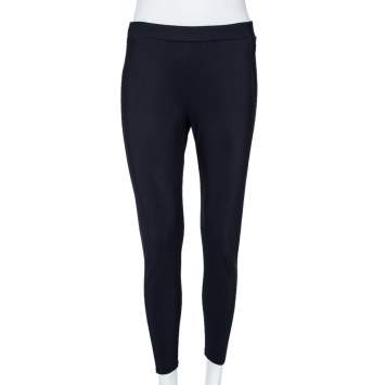 Pre Owned Moncler Navy Blue Logo Printed Knit Pantalone Leggings M