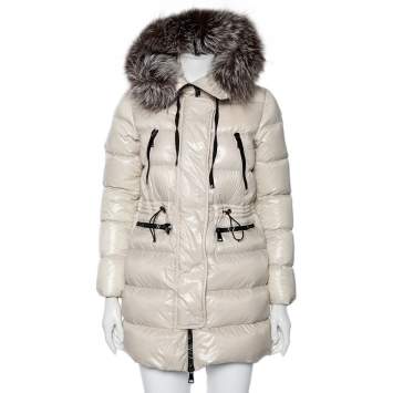 Pre Owned Moncler Off-White Synthetic Fur Lined Hooded Quilted Aphrotiti Jacket XS