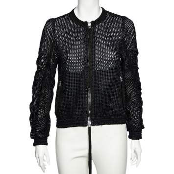 Pre Owned Moncler Black Synthetic Mesh Zip Front Hatsue Jacket S