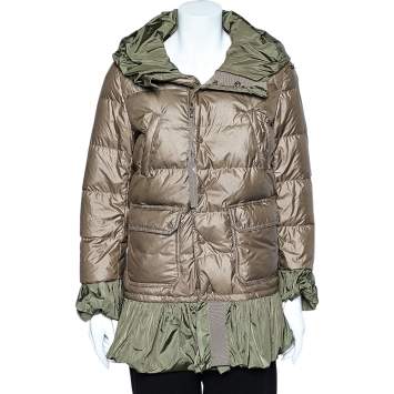 Pre Owned Moncler Khaki Down Synthetic Peplum Trim Detailed Seri Jacket S
