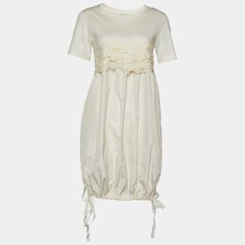 Pre Owned Moncler Ivory Cotton Floral Applique Detail Gathered Hem Dress S
