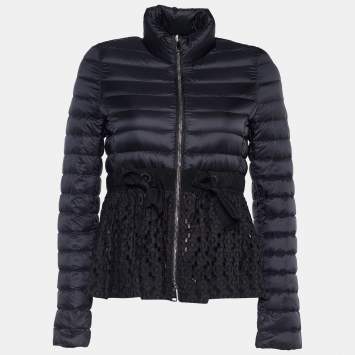 Pre Owned Moncler Black Synthetic & Lace Quilted Down Jacket XS