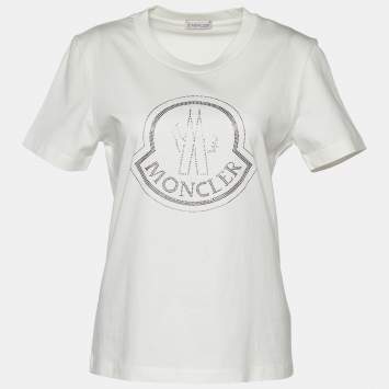 Pre Owned Moncler Ivory Jersey Crystal Logo Detail T-Shirt M