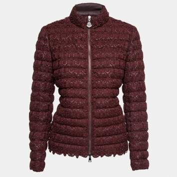 Pre Owned Moncler Burgundy Guipure Lace Overlay Down Jacket M