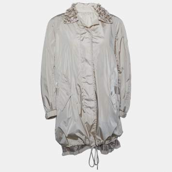 Pre Owned Moncler Beige Synthetic Embellished Collar Parka Jacket M