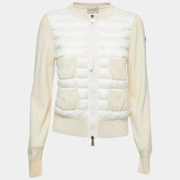Pre Owned Moncler Cream Knit and Synthetic Zip Front Down Jacket S