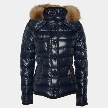 Pre Owned Moncler Navy Blue Quilted Armoise Fur Lined Hooded Down Jacket S