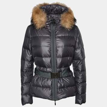 Pre Owned Moncler Grey Metallic Polyester Hooded Belted Angers Jacket M