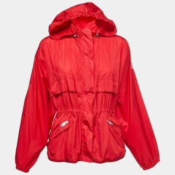 Pre Owned Moncler Red Nylon Zip Front Hooded Jacket L