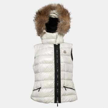 Pre Owned Moncler Off White Nylon Hooded Fur Detail Sleeveless Down Jacket Vest XL