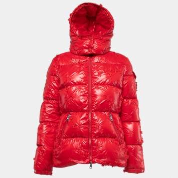 Pre Owned Moncler Red Nylon Floral Embroidery & Embellished Quilted Down Jacket S