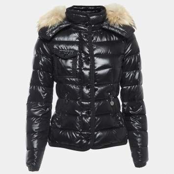 Pre Owned Moncler Black Nylon Fur Trimmed Hood Quilted Down Jacket XXS