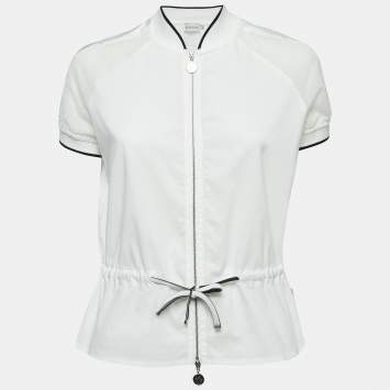 Pre Owned Moncler White Cotton Zip Front Short Sleeve Top S