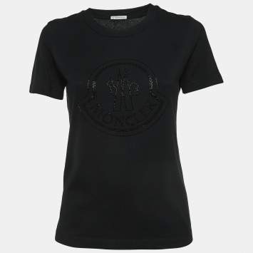 Pre Owned Moncler Black Logo Embellished Cotton Half Sleeve T-Shirt S