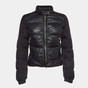 Pre Owned Moncler Black Logo Applique Leather Trim Nylon Zipper Puffer Jacket S