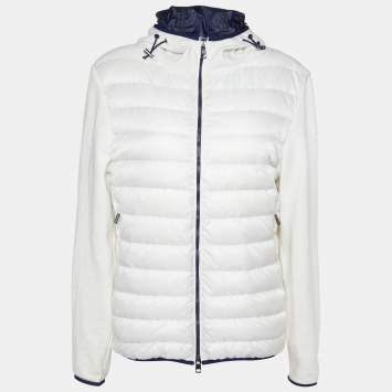 Pre Owned Moncler White Quilted & Knit Zip Up Hooded Cardigan L