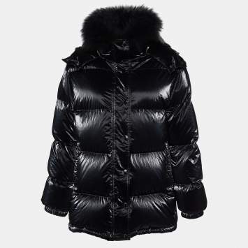 Pre Owned Moncler Black Coated Nylon Fur Trim Hanau Short Down Jacket XS