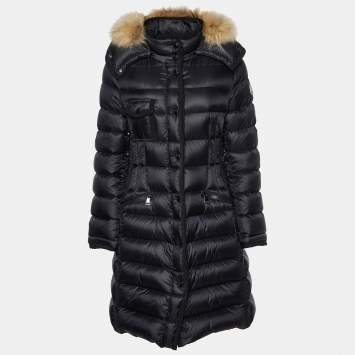 Pre Owned Moncler Black Down Fur Trim Hooded Hermifur Long Jacket L