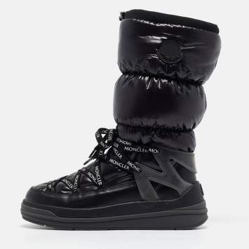 Pre Owned Moncler Black Nylon and Leather Insoluxe Mid Calf Snow Boots Size 38