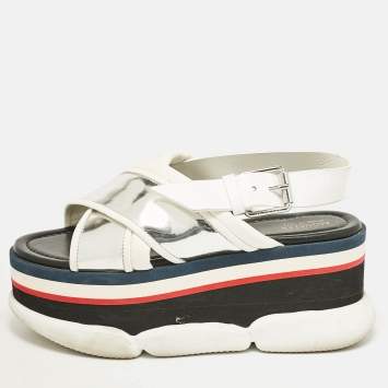 Pre Owned Moncler White/Silver Leather Zelda Platform Sandals Size 37
