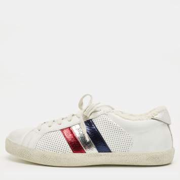Pre Owned Moncler White Leather and Shearling Fur Ryegrass Lace Up Sneakers Size 39