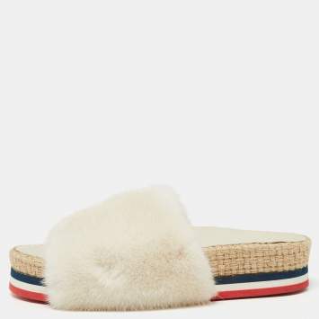 Pre Owned Moncler Cream Fur Flat Sandals Size 37